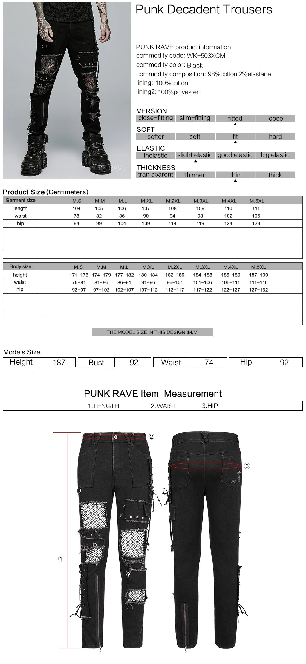 PUNK RAVE New Men's Punk Rock Broken Hole Net Black Long  Trousers Gothic Casual Male Motocycle Cotton Denim Pants Visual Kei