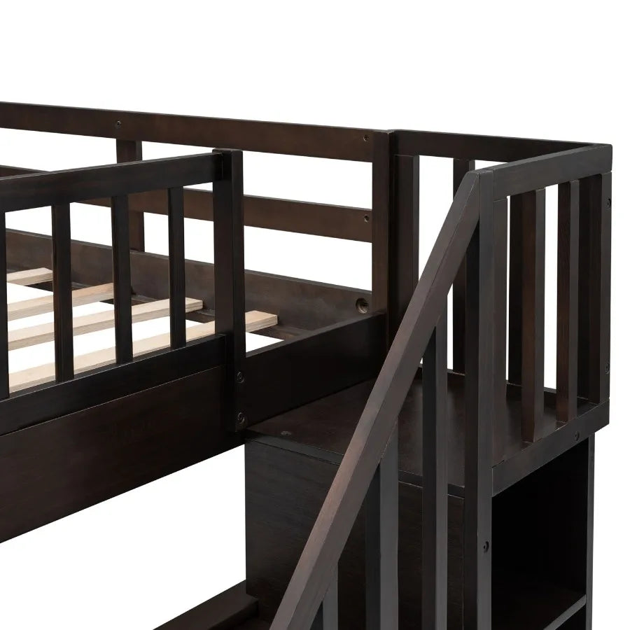 Stairway Full-Over-Full Bunk Bed with Storage and Guard Rail for Bedroom Dorm Espresso