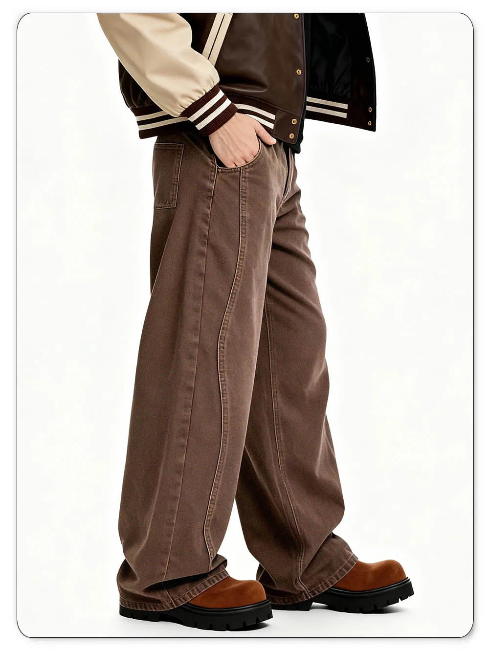 American Retro Men's Brown Casual Baggy Wide Leg Jeans Korean Cartoon Elephant Embroidery Loose Wide Leg Denim Pants Unisex