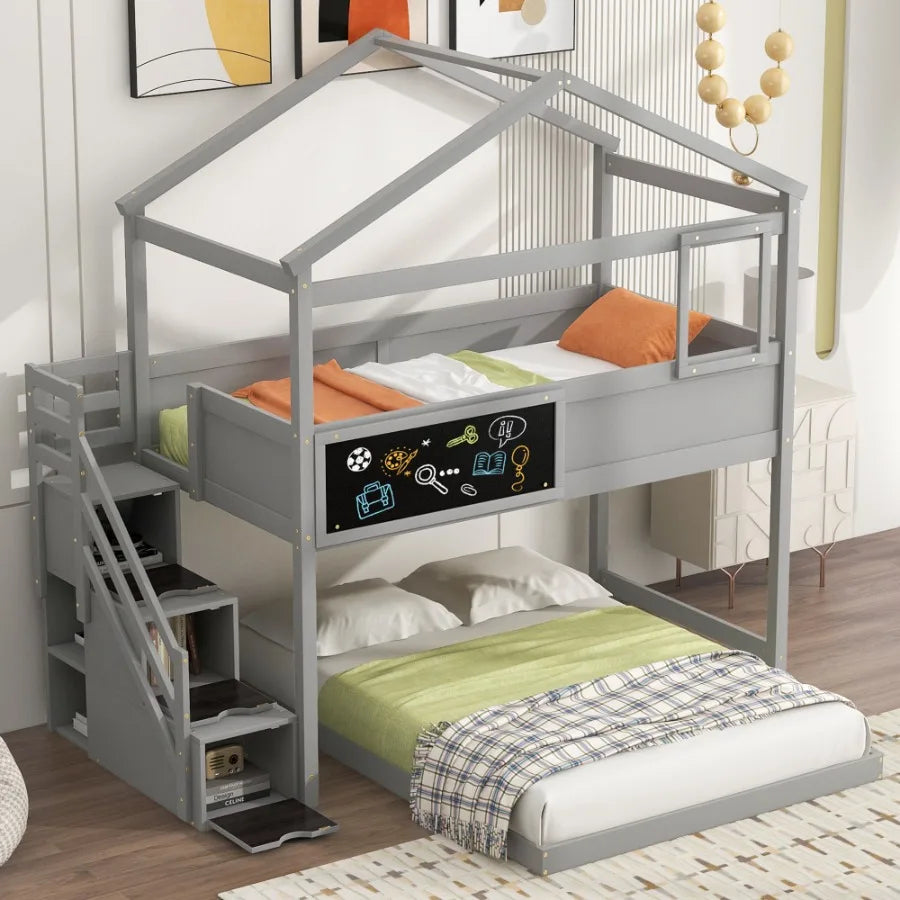 Twin over Full House Bunk Bed with Storage Staircase and Blackboard Gray Old SKU: GX001701AAE
