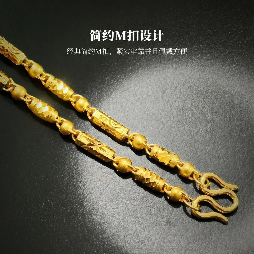 Gold store 9999 24K real gold Chinese style carving olive bamboo necklace hexagonal beads cylindrical chain men's jewelry