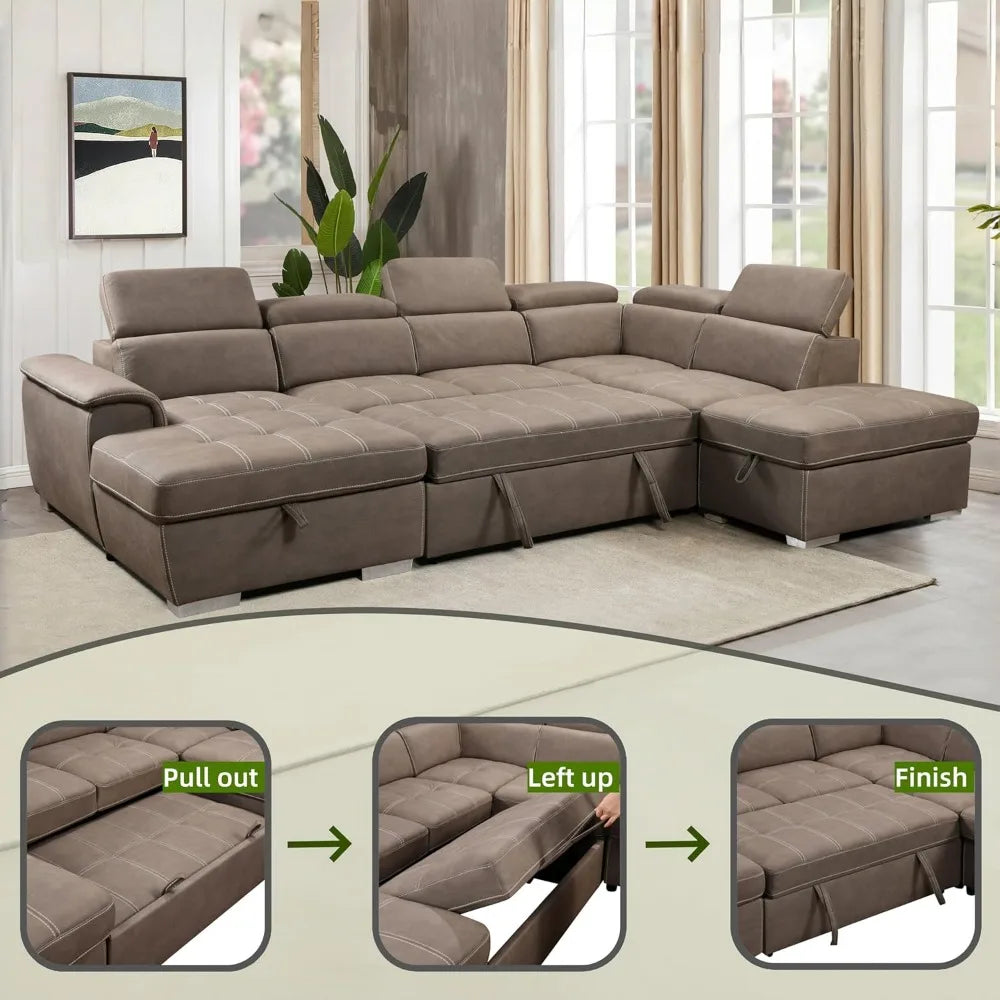 thsuper 127'' microfiber oversized u shaped sectional sleeper sofa couch with pullout bed, 7 seat couches with adjustable headre