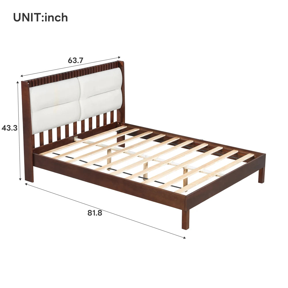Solid Wood Queen Size Platform Bed Frame with Beige Velvet Upholstered Headboard, Espresso, No Box Spring Needed