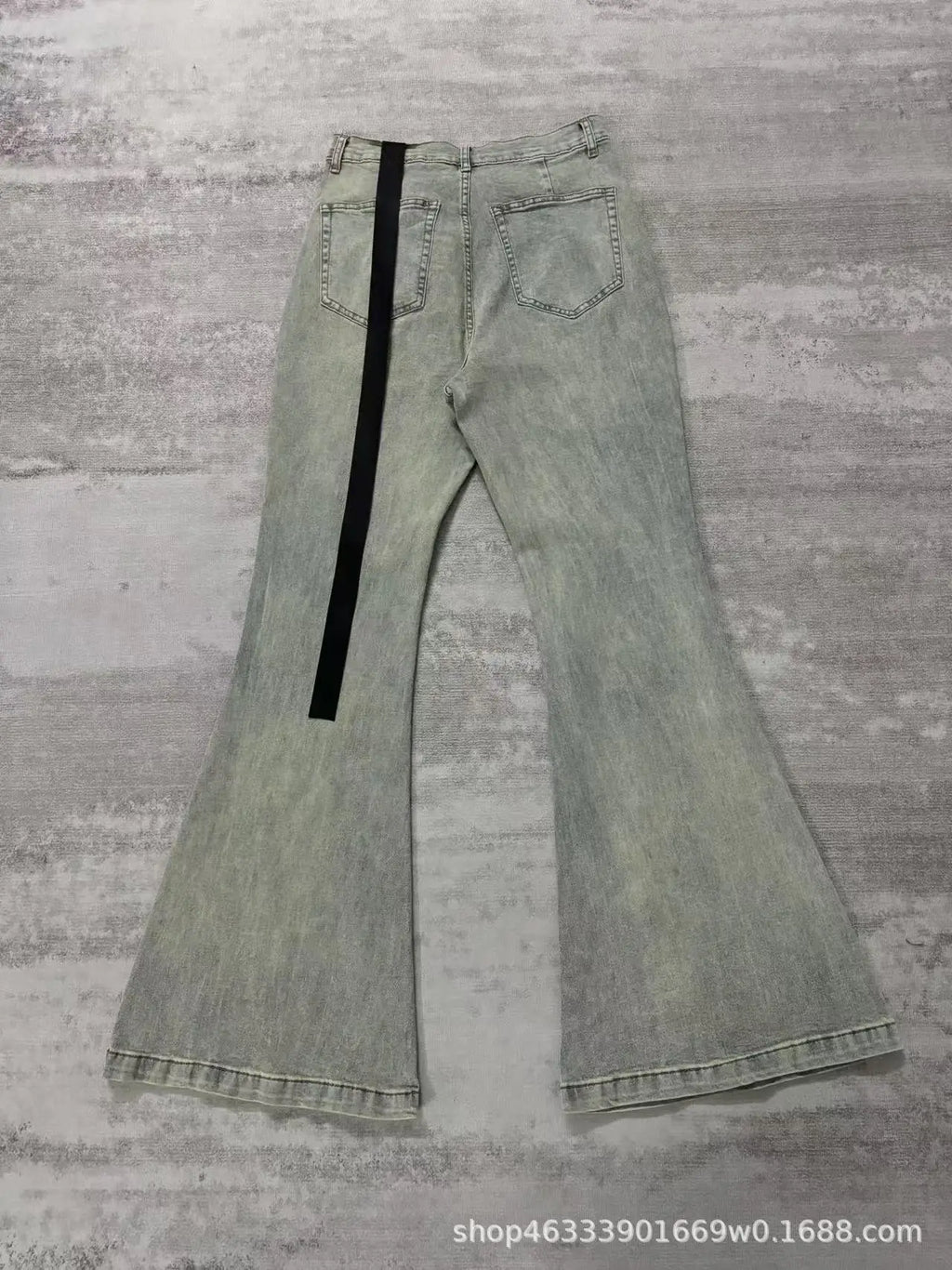 Rick RO Vintage Washed Wide Leg Skinny Jeans with Built-Up Floor-Length and Distressed Details and Cat-Fur Style Denim Pants