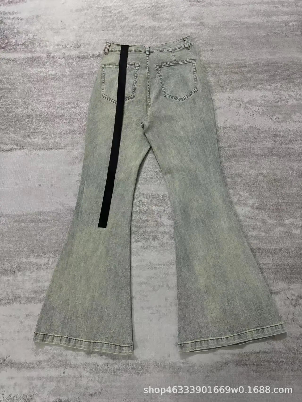Rick RO Vintage Washed Wide Leg Skinny Jeans with Built-Up Floor-Length and Distressed Details and Cat-Fur Style Denim Pants