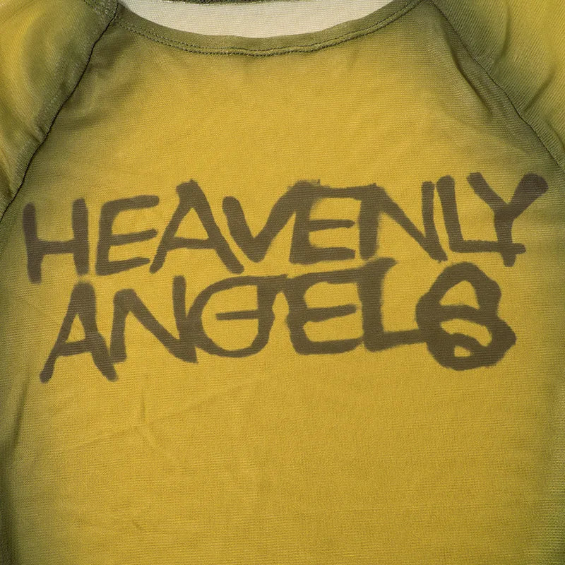 HLJ&GG American Vintage Fashion Letter Mesh See Though Two Piece Sets Women O Neck Short Sleeve Slim Crop Top And Pants Outfits