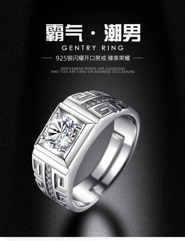 Luxury PT950 Platinum Men's Greek Key Square Moissanite Pave Engagement Wedding Ring Adjustable Band Anniversary Gift Jewelry Sp
