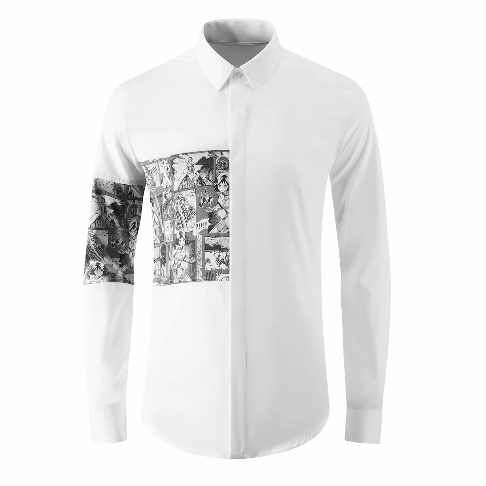 2024 Cartoon Printed Splicing Shirt for Men Long Sleeve Slim Casual Shirts Fashion Lapel Slim Fit Social Streetwear Men Clothing