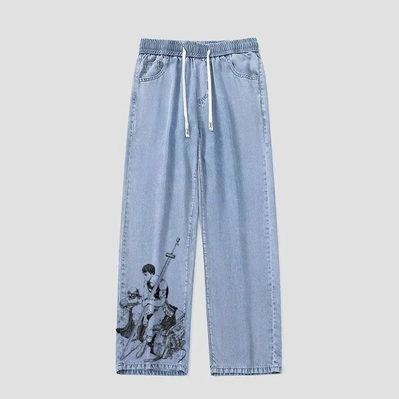Hand-Dn Sketch ffith Pain Jeans Loose Fit Denim Pants for Teens And Students Sword Wind Legend Anime Casual Trousers