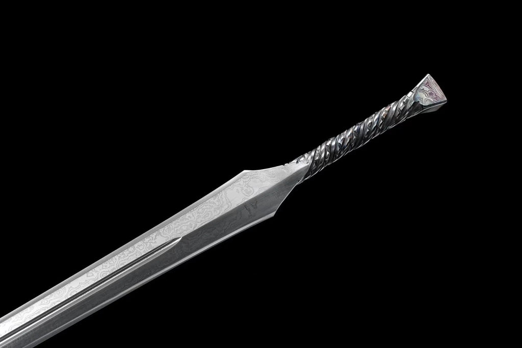 medieval Viking era samurai sword and a folded Damascus steel one-piece sword are ready for battle, handcrafted sharp weapons