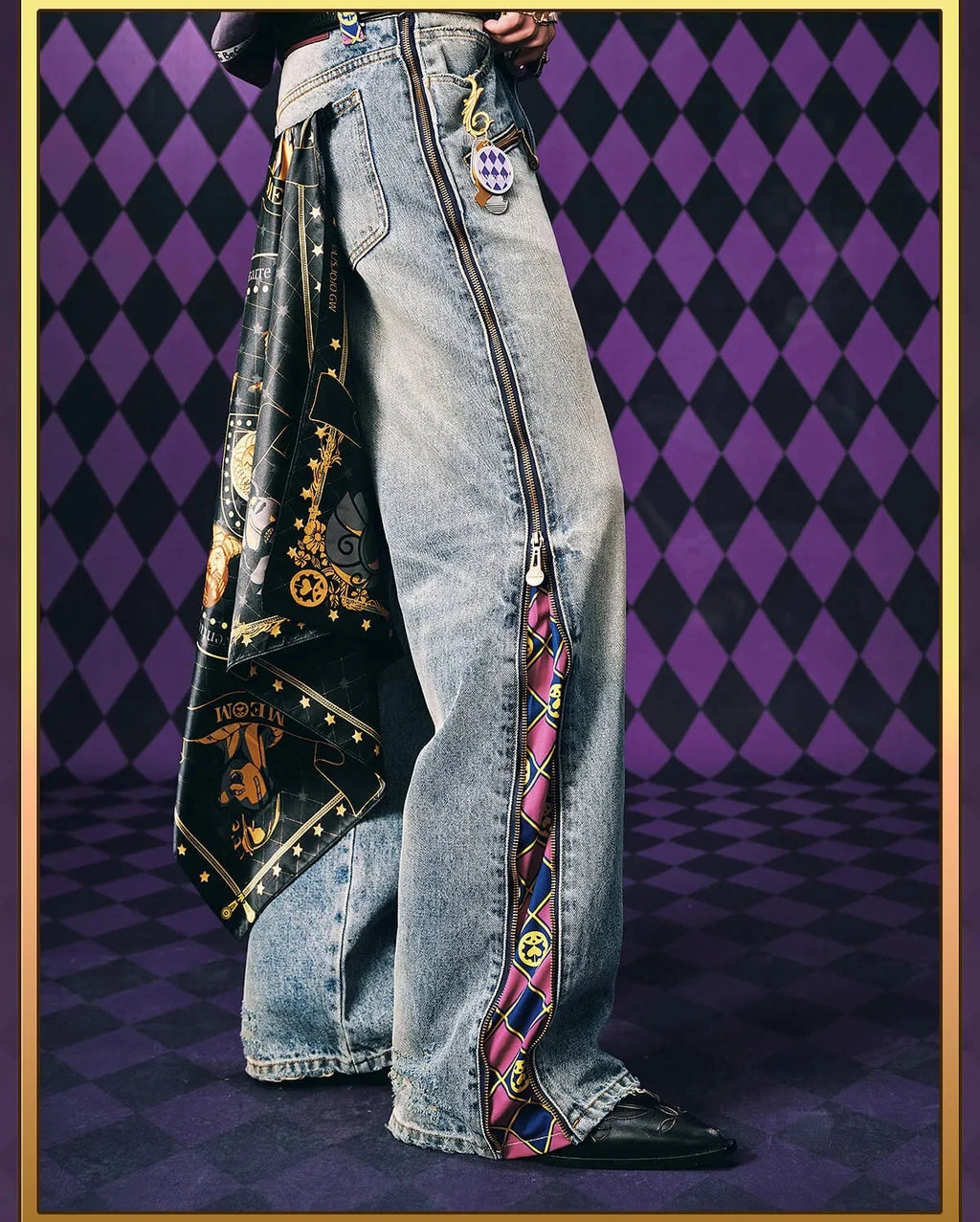 JoJo Anime Zip Off Panel Jeans Men Women High Waist Wide Leg Detachable Print Denim Pants Purple Gold Patchwork Straight Jeans