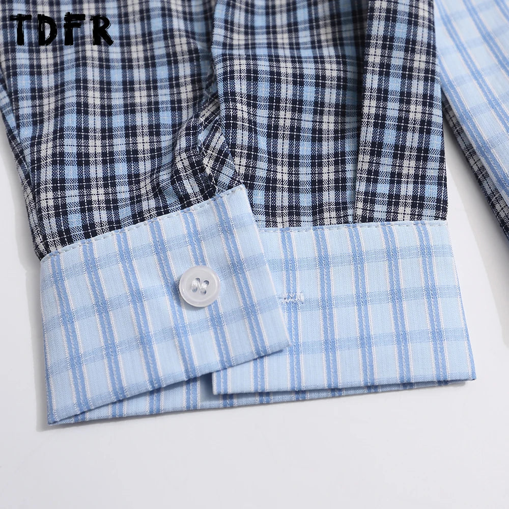 Plaid Patchwork Long Sleeve Shirts Mens Cartoon Embroidery Spring Retro Casual Loose Lapel Single Breasted Shirts Man