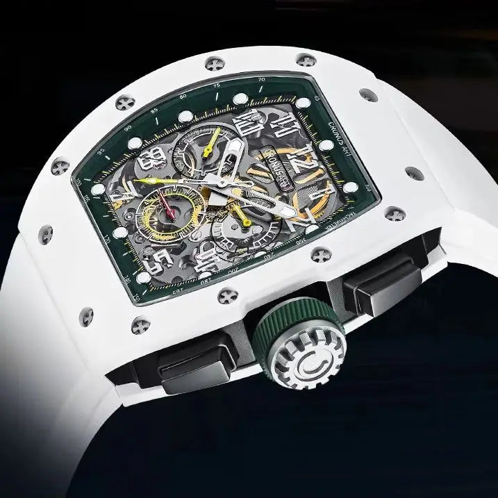 CRONUSART Men Chronograph Watch 50m Tonneau Automatic Mechanical Wristwatch Sapphire Mirror Luminous FKM Strap Skeleton Dial
