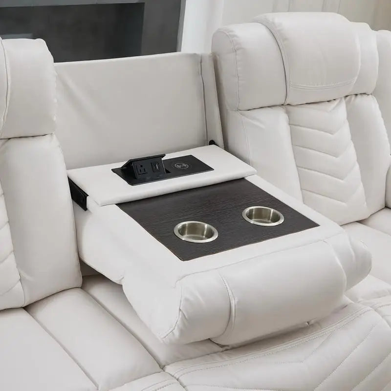 Power Reclining Sofa Set, 3-Piece Tech Leather Loveseat with Wireless Charger and LED Strip for Living Room, White Color