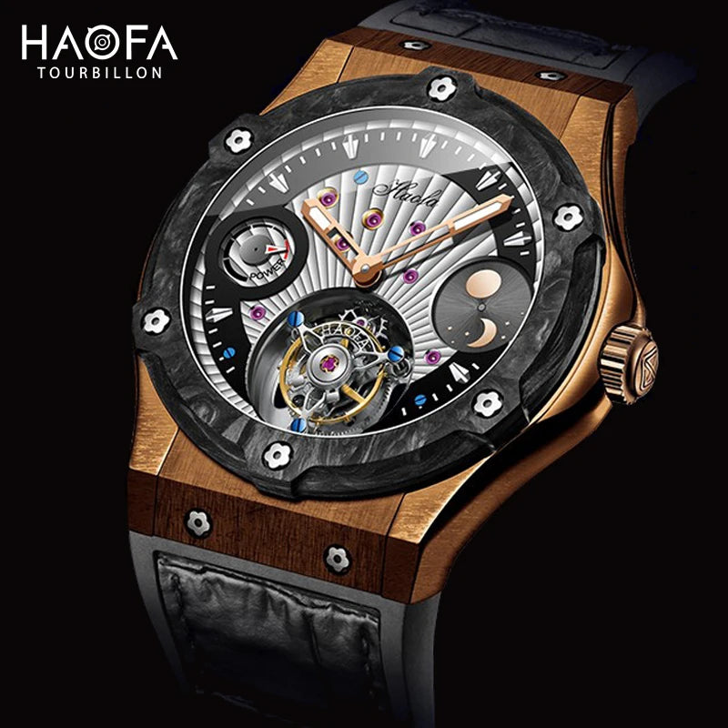 Haofa Manual Tourbillon Movement Watch for man Sapphire Mechanical Bronze Case Carbon Fiber Bezel Mens Watch Day And Night 1915T