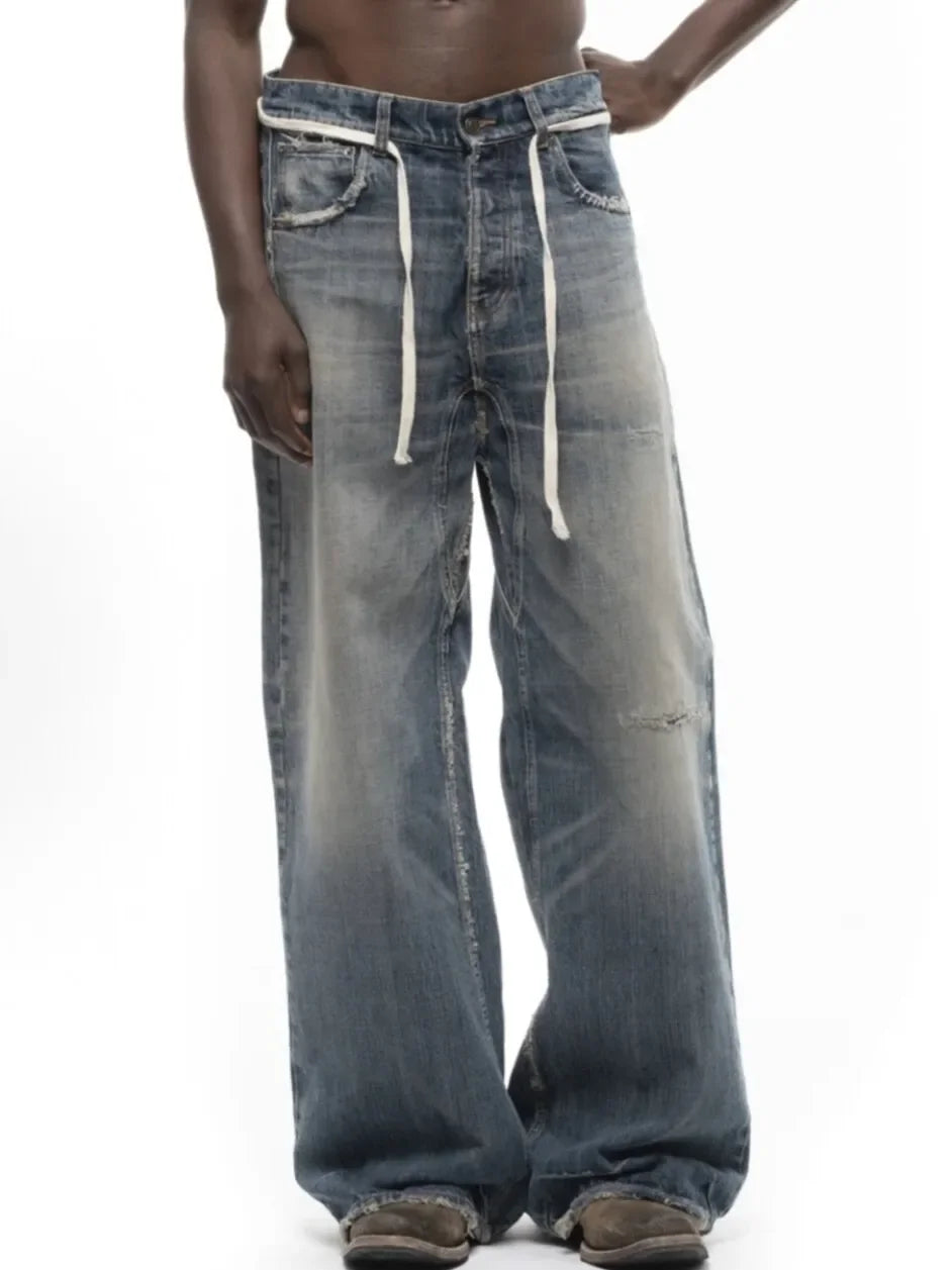No faith studios washed pussy whiskers made old handmade ripped loose wide legs light blue jeans