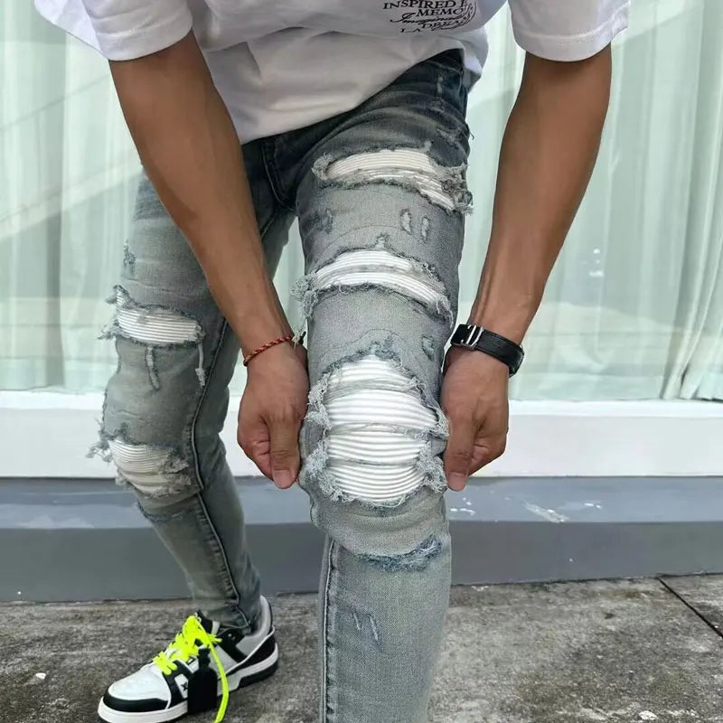 European and American designers fashion new men's jeans stretch slim fit retro light blue patchwork white patch jeans high stree