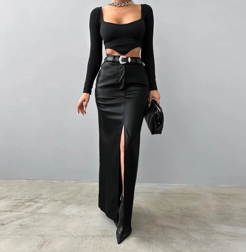 Women's Split Design Solid Color High Waist Pu Leather Skirt 2026 Spring Fall Office Lady Trendy Streetwear Long Skirts