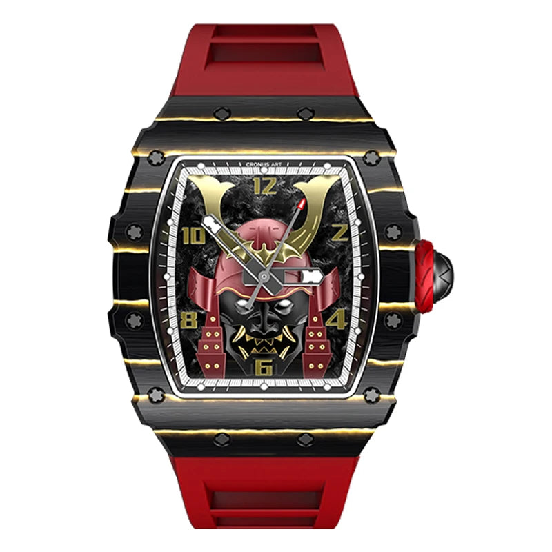 CRONUSART Men Automatic Watch Luxury Mechanical Wristwatch NTPT Carbon Fibre Tonneau Case Luminous Fluororubber Strap Skeleton