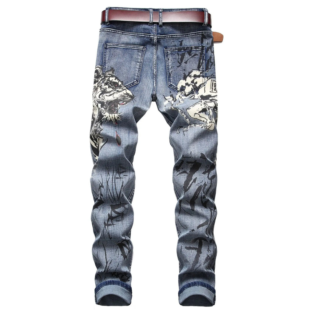 2026 Men's Blue 3D Printing Jeans, Black Wolf Pattern Printed Punk Straight Cotton Casual Print Denim Pants Asian Size 28-42