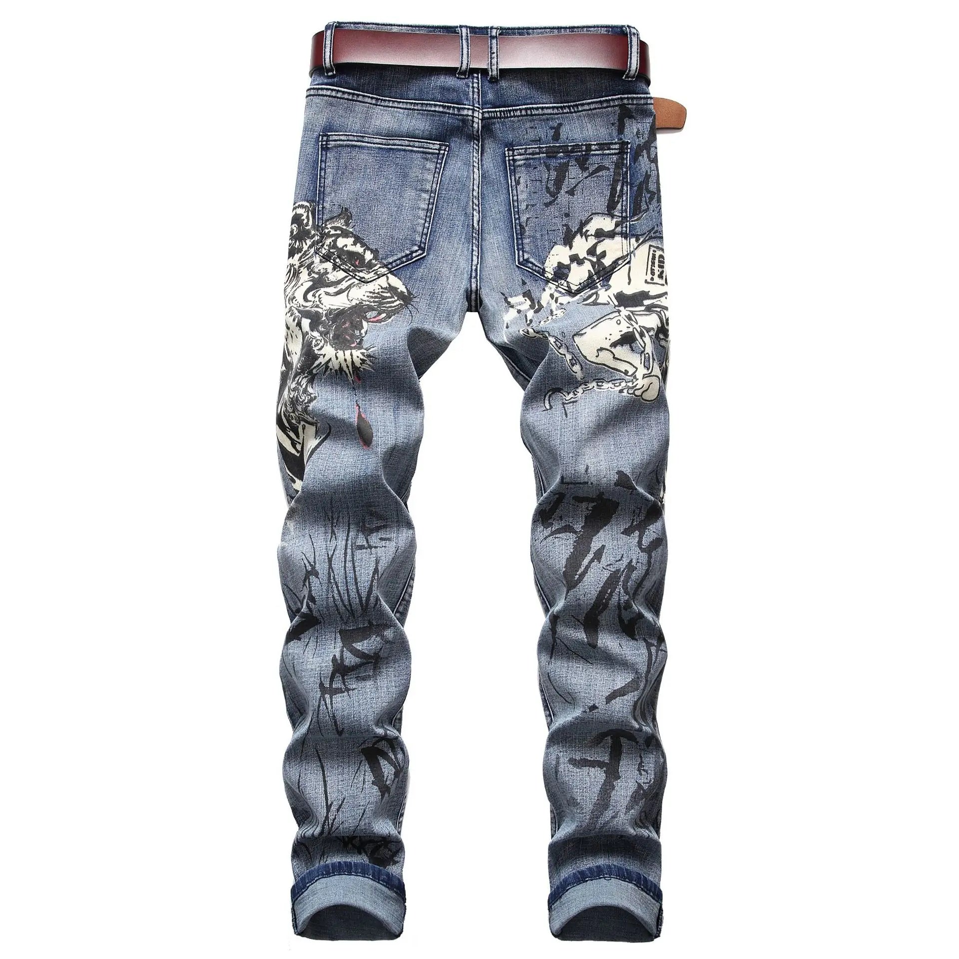 2026 Men's Blue 3D Printing Jeans, Black Wolf Pattern Printed Punk Straight Cotton Casual Print Denim Pants Asian Size 28-42