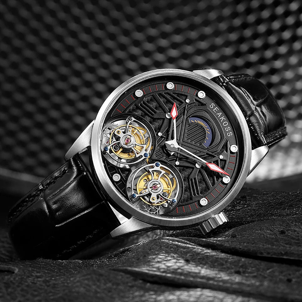 SEAKOSS Luxury Skeleton Men's Tourbillon Manual Mechanical Watches Double Tourbillon Luminous Hands Watch for Men Sapphire Glass