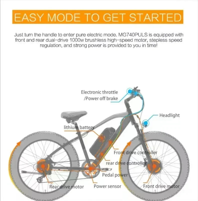 all-terrain Electric Bike adult auxiliary Electric Bicycle 2000W motor 48V 20AH battery 26*4.0 fat tire mountain E-Bike 52KM/H
