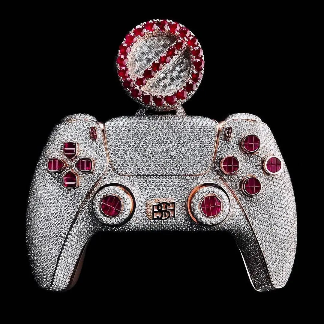 Full Zircon Iced Out Gaming Controller Pendant – 3D Realistic Gamepad with Red Gem Buttons & Crown Detail