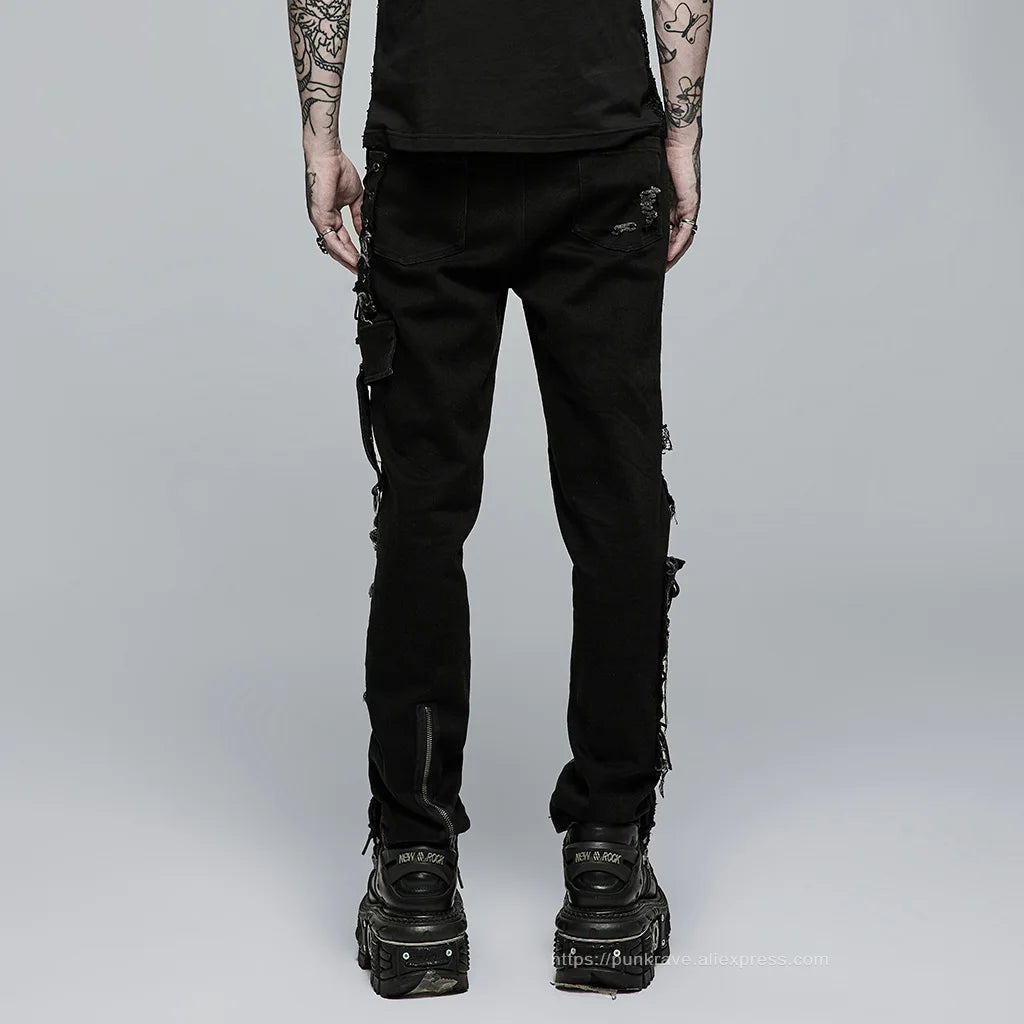 PUNK RAVE New Men's Punk Rock Broken Hole Net Black Long  Trousers Gothic Casual Male Motocycle Cotton Denim Pants Visual Kei
