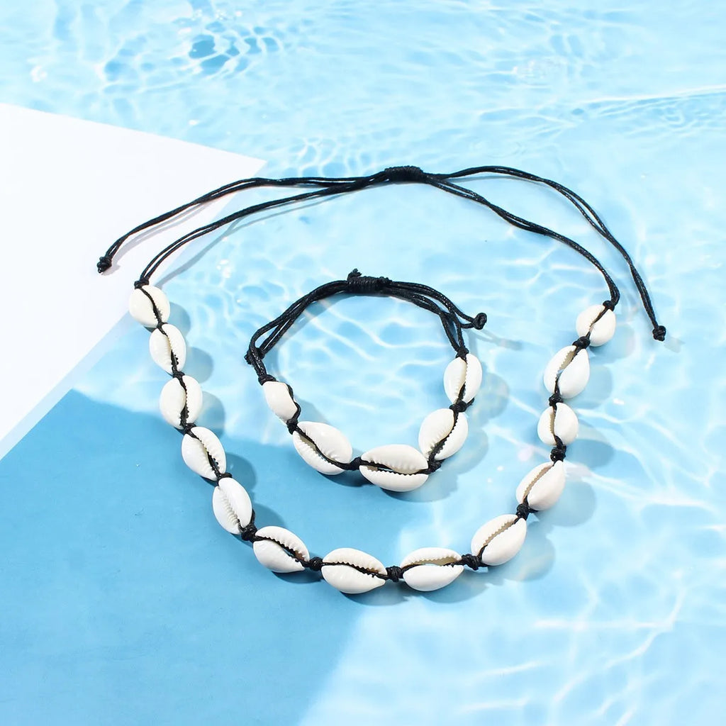 Coastal Stackables Set Adjustable Shell Pendant Necklace Handwoven Rope Bracelet Boho Beach Vacation Jewelry Gift