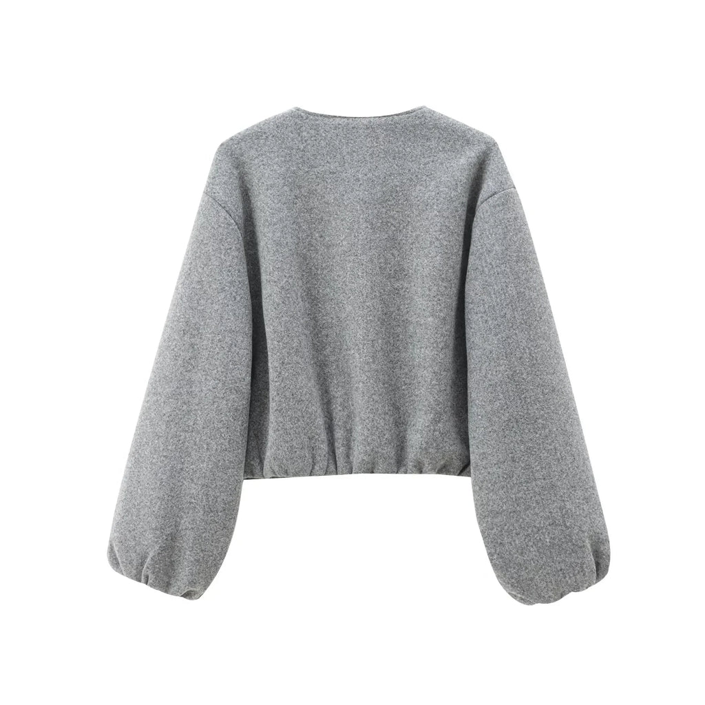 HXAO Outerwears Cropped Bomber Jacket Women Autumn Long Sleeve Faux Wool Coats For Woman Winter Zip Up Gray Beige Short Coats