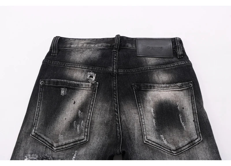 Street Fashion Men Jeans Retro Black Gray Elastic Stretch Slim Fit Hole Ripped Jeans Men Patched Designer Hip Hop Brand Pants