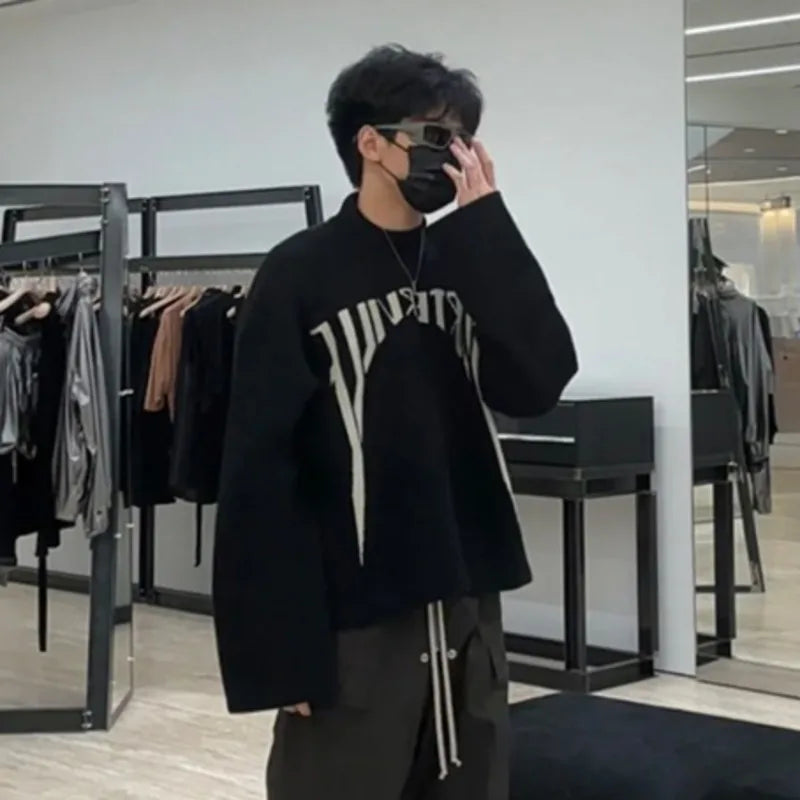HKSH Spring Autumn Winter Men's Tide RO Heavy Niche O-Neck Letter Jacquard Knitted Pullover Silhouette Loose Dark Sweater HK3476