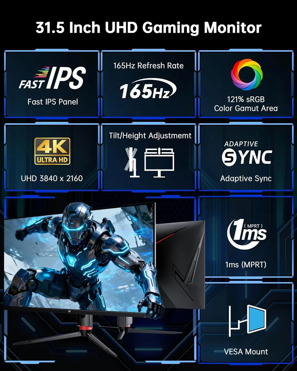 32 Inch 4K Gaming Monitor, 165Hz UHD (3840x2160P) Fast IPS Screen, 1ms (MPRT), Adaptive Sync, 3000:1 Contras