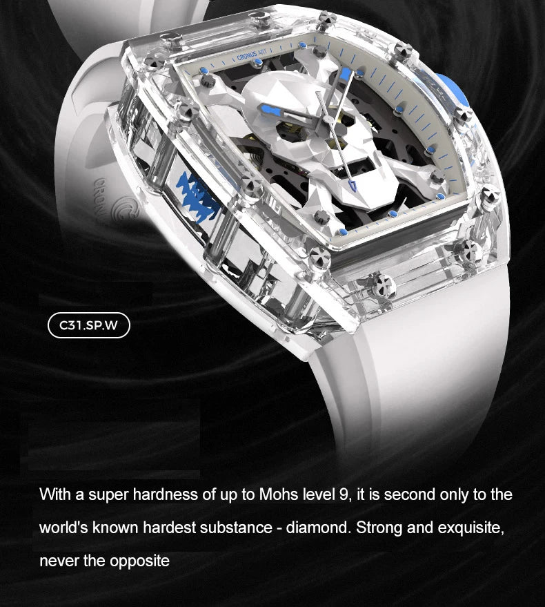 CRONUSART Men Automatic Watch 50mm Tonneau Mechanical Wristwatch Sapphire Case & Mirror Luminous Fluororubber Strap Skull Dial