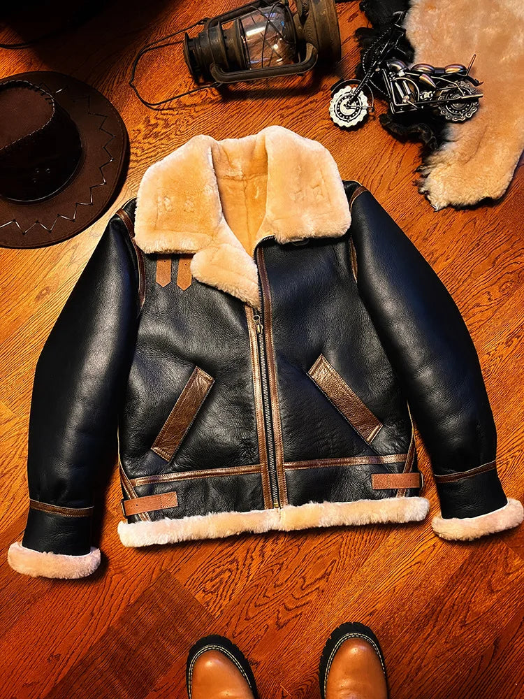 Sheepskin Suit Men's Lambskin Genuine Leather Overcoat Motorcycle Short Leather Fur Coat