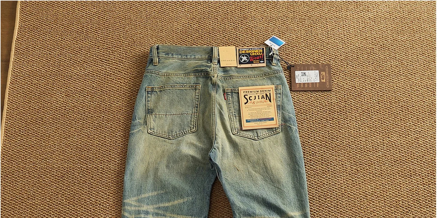 2025 Autumn New American Retro Heavyweight Ripped Denim Men's Fashion 100% Cotton Washed Old Straight Tapered Casual Jeans