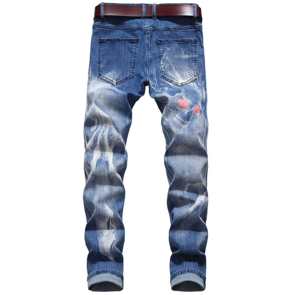 2026 Men's Blue 3D Printing Jeans, Black Wolf Pattern Printed Punk Straight Cotton Casual Print Denim Pants Asian Size 28-42
