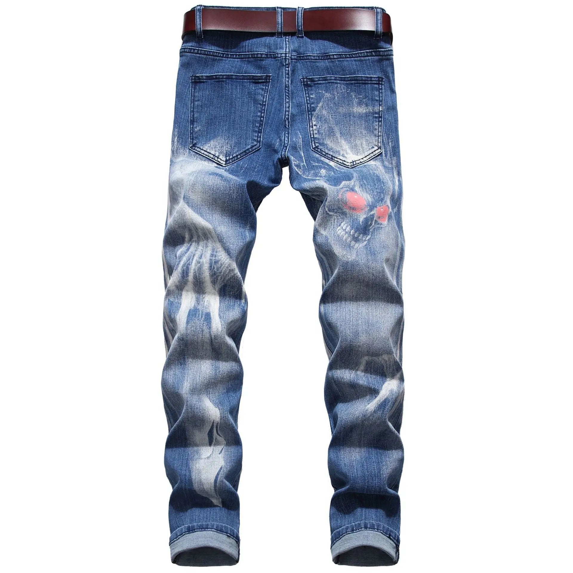 2026 Men's Blue 3D Printing Jeans, Black Wolf Pattern Printed Punk Straight Cotton Casual Print Denim Pants Asian Size 28-42