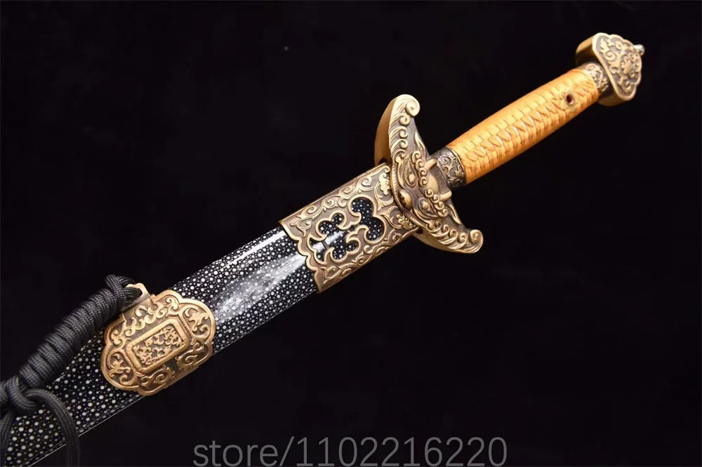 Real Kungfu Battle Sword Damascus Steel Blade Sword Chinese Qing Dynasty Jian Room Decoration Copper Parts Wrap Rayskin Sheath