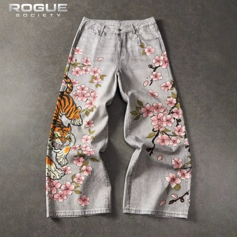 Japanese Tiger Sakura Men Jeans Summer Y2K Wide Leg Denim Pants Streetwear Hip Hop Retro Harajuku Loose Vintage Trousers Unisex