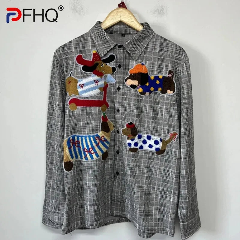 PFHQ Fashion Men's Shirt Cartoon Towel Embroidered Decoration Plaid Design Loose Personality Versatile Male Shirt Tide 21P2205