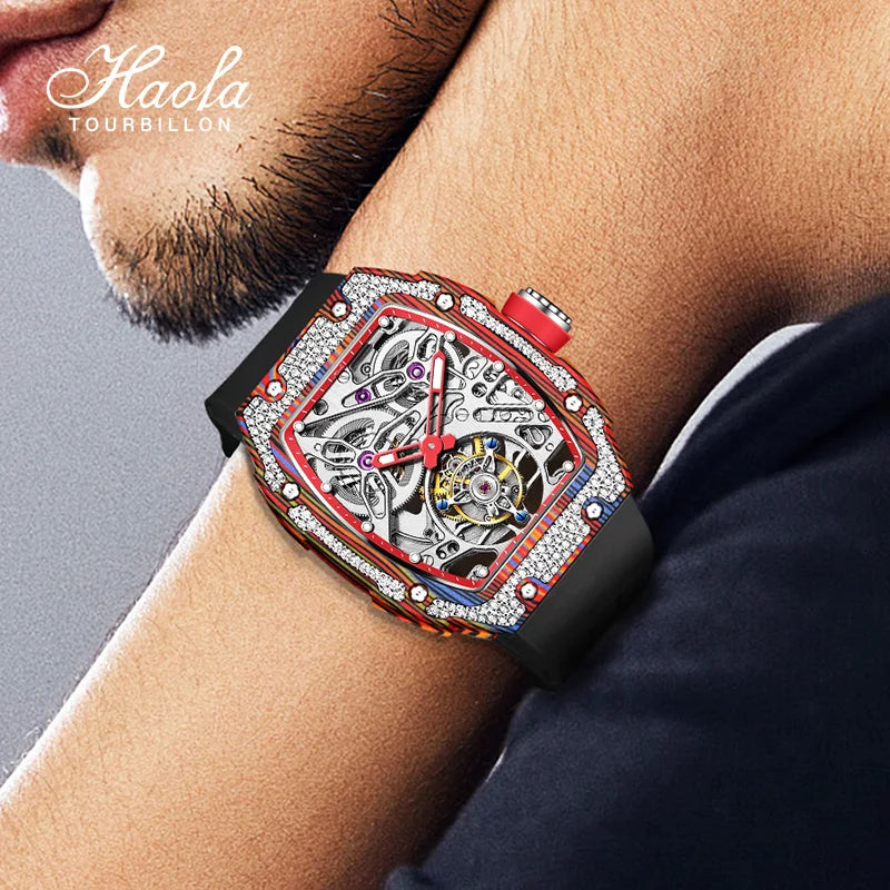 Haofa Automatic Tourbillon Man Watch Carbon Fiber Case Skeleton Mechanical Movement Men's Luxury Watch tourbillon reloj 1901-3