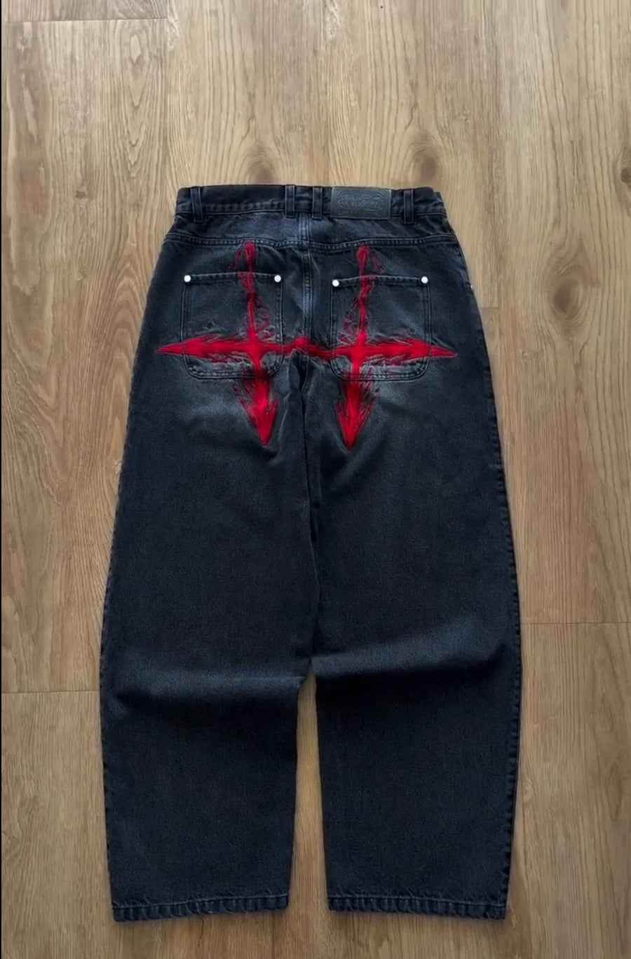 Y2K Vintage Loose Denim Pants Black Japan Cartoon Pattern Embroidered Jeans Women Wide Leg High Waist Streetwear Men Jeans