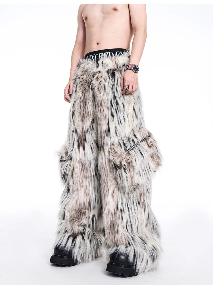 Mauroicardi Autumn Winter Long Colorful Thick Warm Hairy Fluffy Faux Fur Wide Leg Pants Men Pockets Runway Fashion Streetwear