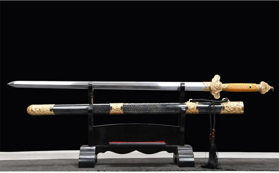 Premium Chinese Han Sword Folded Steel Damascus Blade Sharp Real Full Size Rayskin Scabbard Ready Battle Kongfu Dragon Katanas