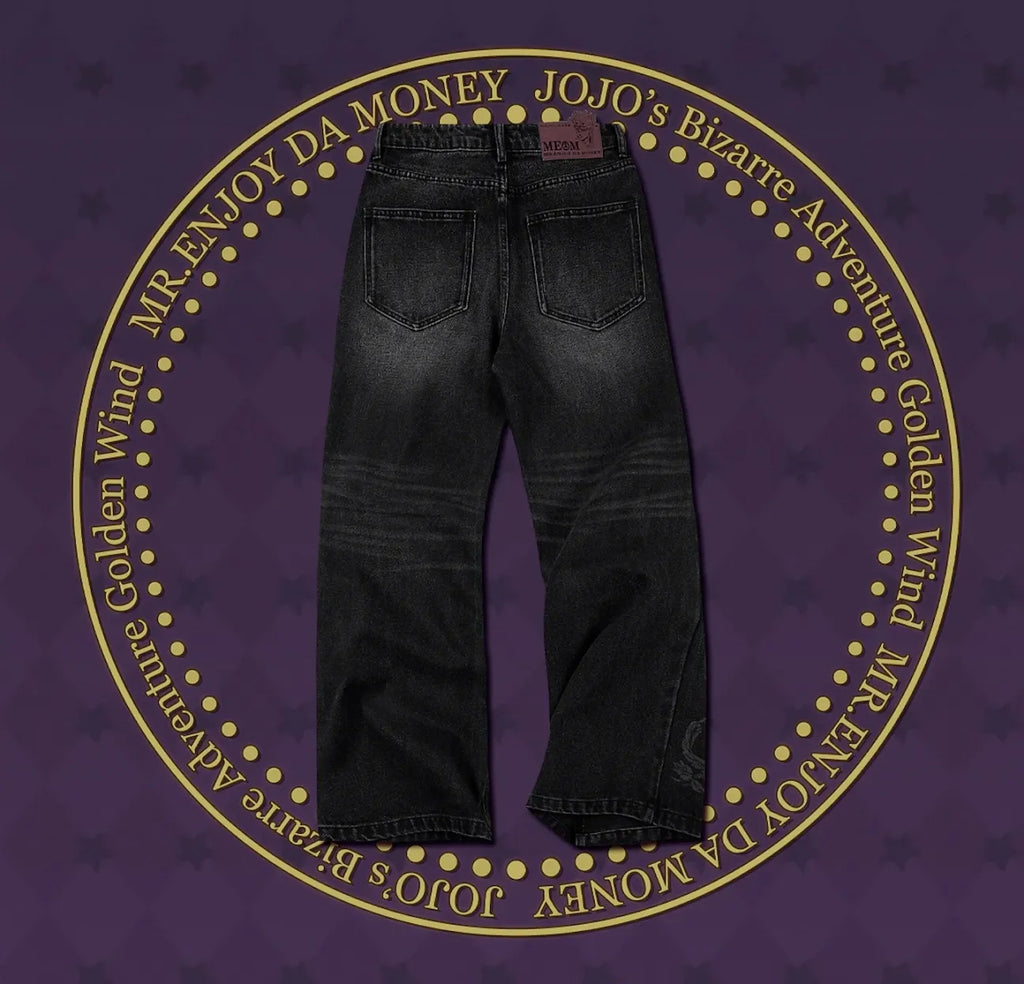 JoJo's Bizarre Adventure Black Flared Jeans Men Embroidery Streetwear Loose Casual Washed Denim Pants Anime Inspired Trousers