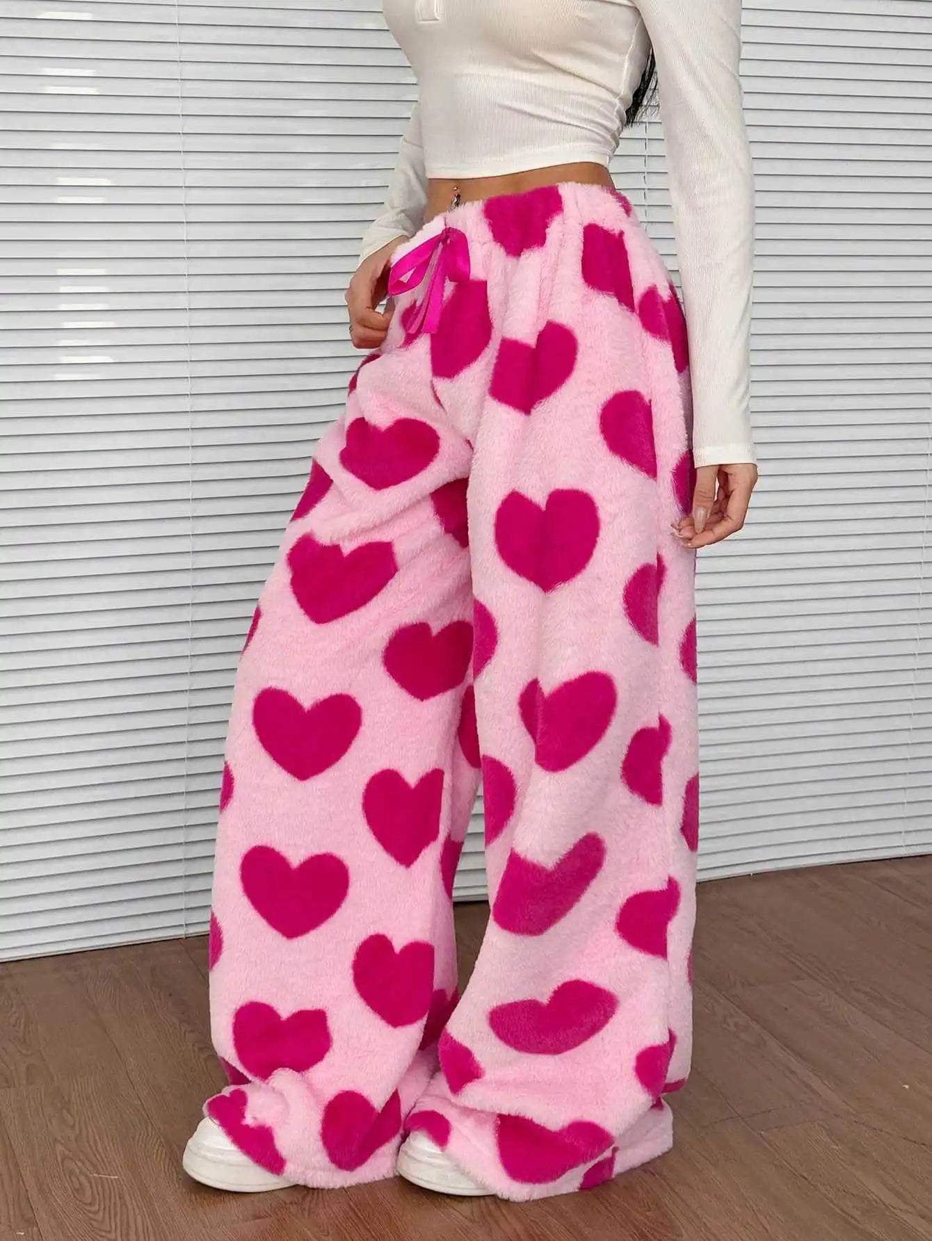 Women Casual Trousers Elastic Waistband Drawstring Tie Pajama Bottoms Leopard Print Wide Leg Lounge Pants