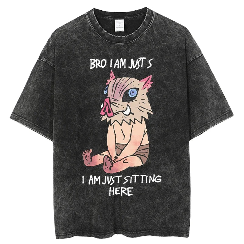 2024 Kimetsu no Yaiba Japanese Anime T Shirt Harajuku Man T Shirts Tees Shirt Tops Design Washed Black Short-Sleeve unisex top