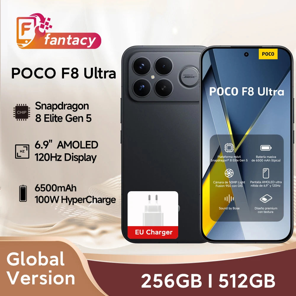 POCO F8 Ultra Global Version Smartphone Snapdragon 8 Elite Gen 5 6500mAh Battery 100W HyperCharge 50MP 6.9" 120Hz Display NFC
